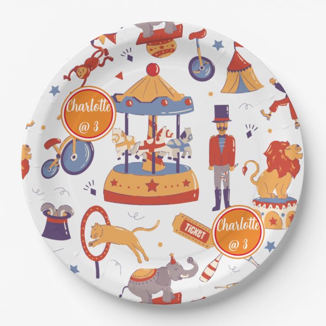 Fun Carnival Kids' Birthday Circus Pattern Clown Paper Plate (Front)
