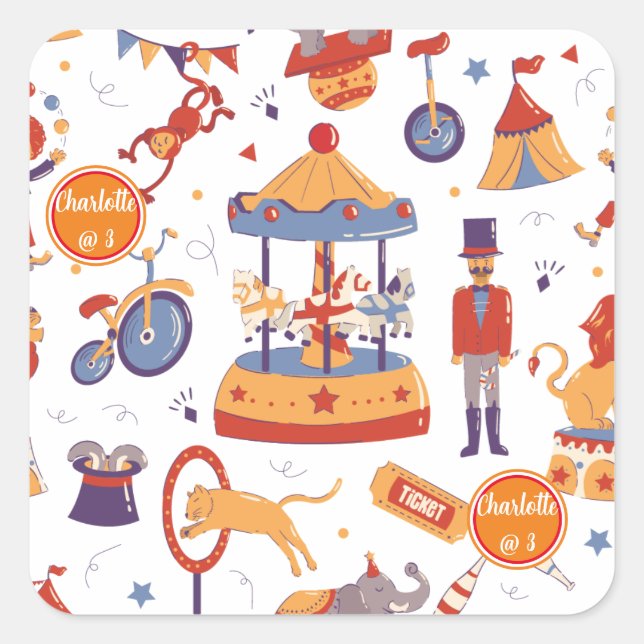 Fun Carnival Kids' Birthday Circus Pattern  Square Sticker (Front)