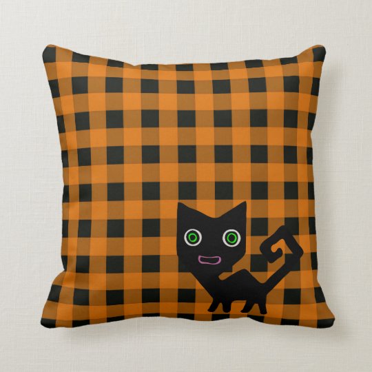 Fun Cartoon Black Cat on Orange and Black Gingham Throw Pillow