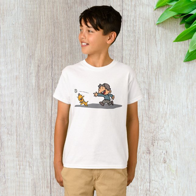 Fun Cartoon Boy and Dog Playing Fetch  T-Shirt (Creator Uploaded)