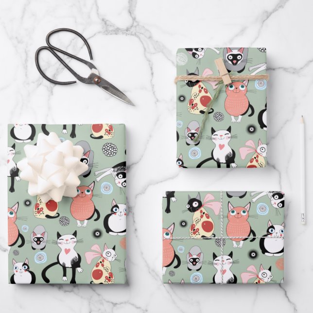 Fun Cartoon Cats Wrapping Paper Sheet (Front)