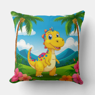 Fun Cartoon Dinosaur in Lush Tropical Jungle Throw Pillow