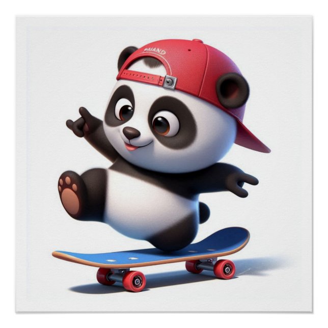 Fun Cartoon Panda on Skateboard  Poster (Front)