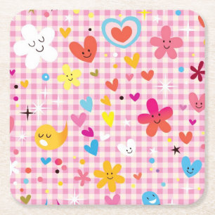 fun cartoon pattern pink square paper coaster