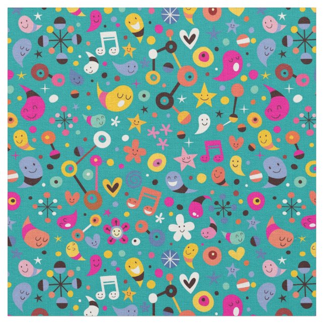 fun cartoon pattern teal fabric (Close Up)