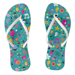 fun cartoon pattern teal flip flops