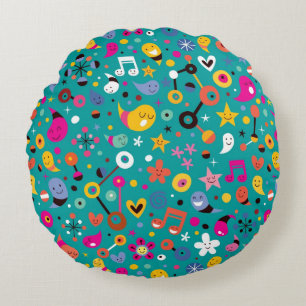fun cartoon pattern teal round pillow