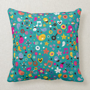 fun cartoon pattern teal throw pillow