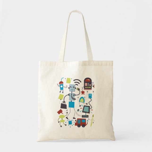 Fun Cartoon Robots and Office Tech Doodle Tote Bag (Front)