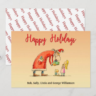 Fun Cartoon Santa Delivers Gifts Happy Holidays Holiday Card