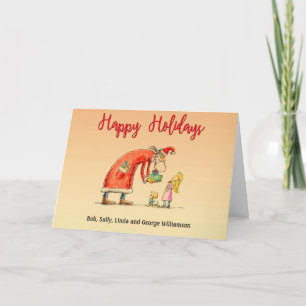 Fun Cartoon Santa Delivers Gifts Happy Holidays Holiday Card