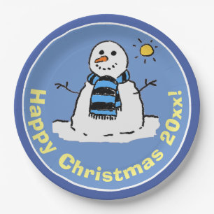 Fun Cartoon Snowman at Christmas Design. Paper Plate