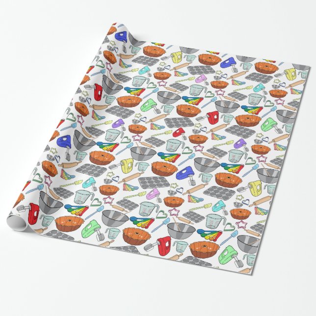 Fun Cartoon-Style Baking Illustrations Pattern Wrapping Paper (Unrolled)