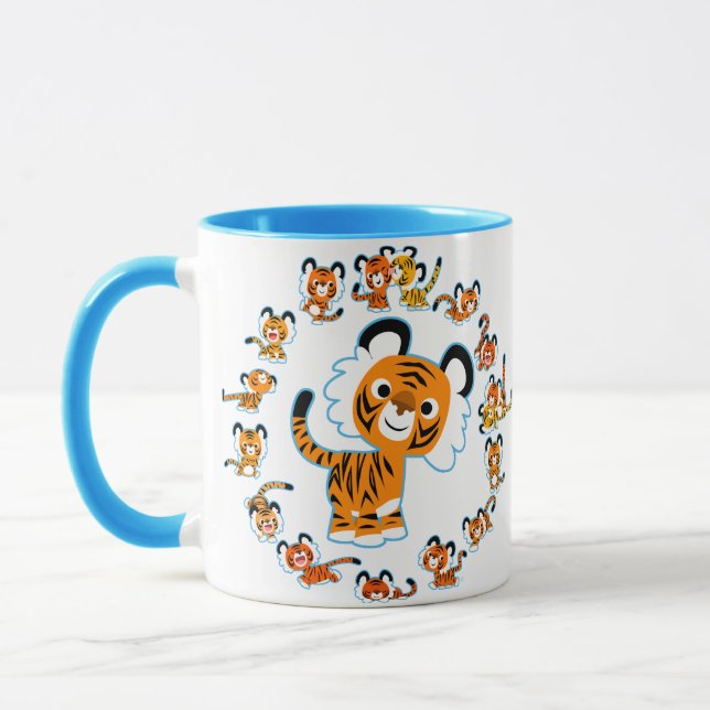 Fun Cartoon Tigers Mandala (Blue) Mug (Left)