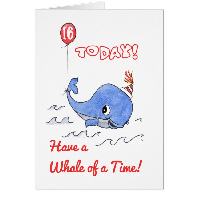 Fun Cartoon Whale and Balloon 16th Birthday Card (Front)