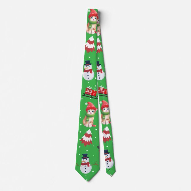 Fun cat kitty Santa animal snowman Sled Xmas tree Tie (Front)