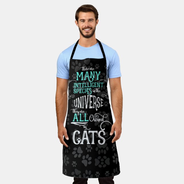 Fun Cat Lover Message Owned By Cats and Paws Apron (Worn)