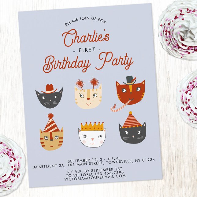 Fun Cat Personalized 1st Birthday Party Invitation Postcard (Fun kitty cat first birthday party invitation postcard for animal lovers)