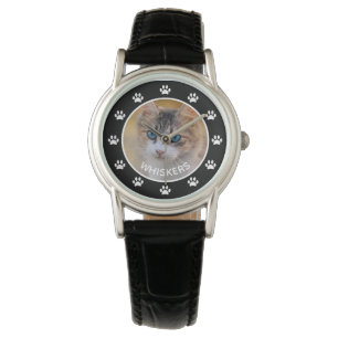 Fun Cat Photo Pet Name Paw Prints Custom Watch