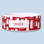 Fun Cat Red and White Personalized Bowl<br><div class="desc">Fun little white kitty cats on a festive red background.  Purrfect. Original art by Nic Squirrell. Change the name to customize.</div>
