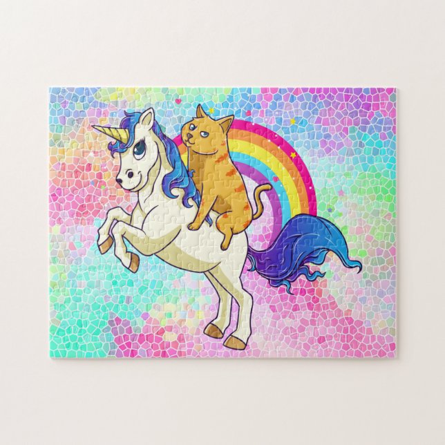 Fun Cat Riding A Unicorn On A Rainbow Background Jigsaw Puzzle (Horizontal)