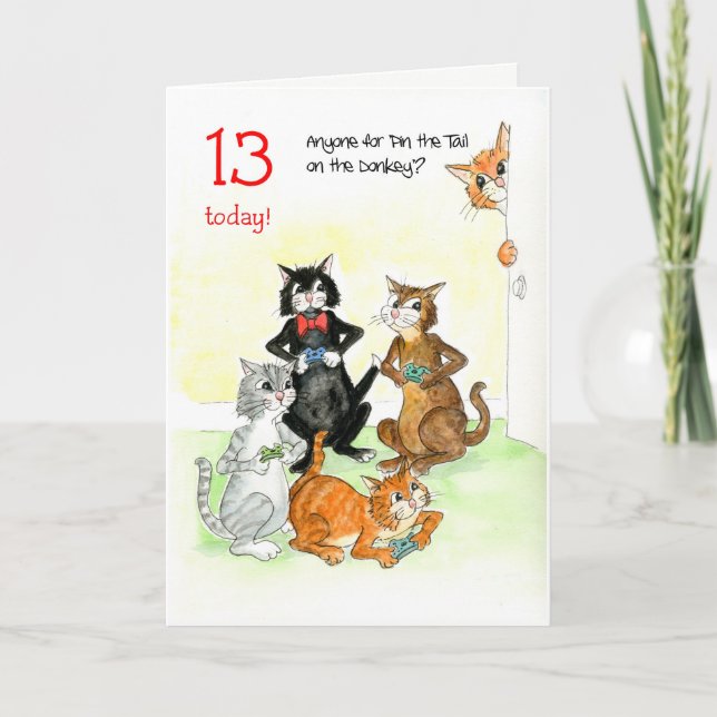Fun Cats Playing Video Game 13th Birthday Card (Front)