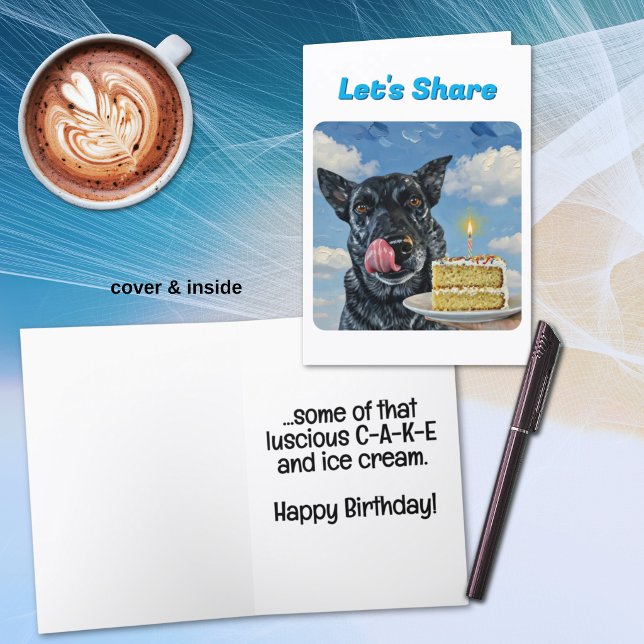 Fun Cattle Dog Oil Paint Texture Cover Card (Fun dog and birthday cake greeting card template text on cover and inside greeting. )