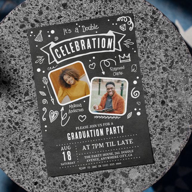 Fun Chalkboard Doodle Double Graduation Party Invitation (Creator Uploaded)