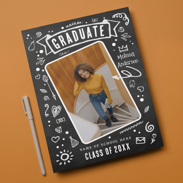 Fun Chalkboard Doodle Photo Graduation  Announcement (Creator Uploaded)