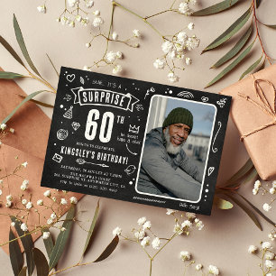 Fun Chalkboard Doodle Photo Surprise 60th Birthday Invitation