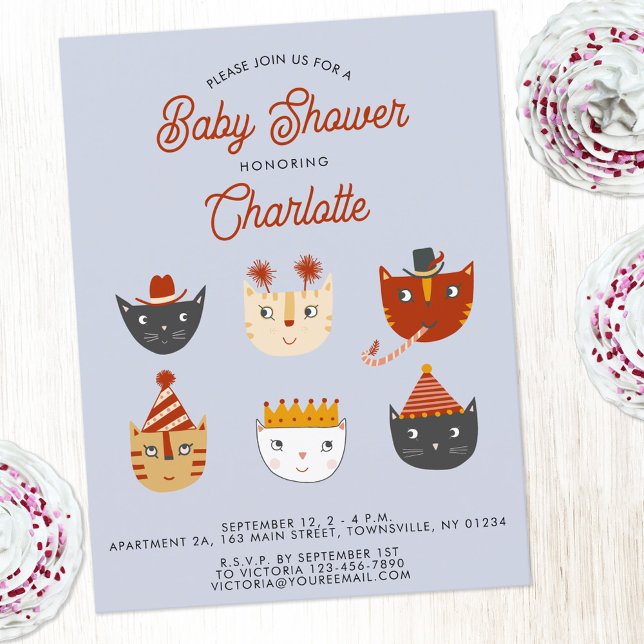 Fun Chat Baby shower personnalisé Invitation (Cute kitty cat personalized gender neutral girl or boy baby shower invitation postcard)