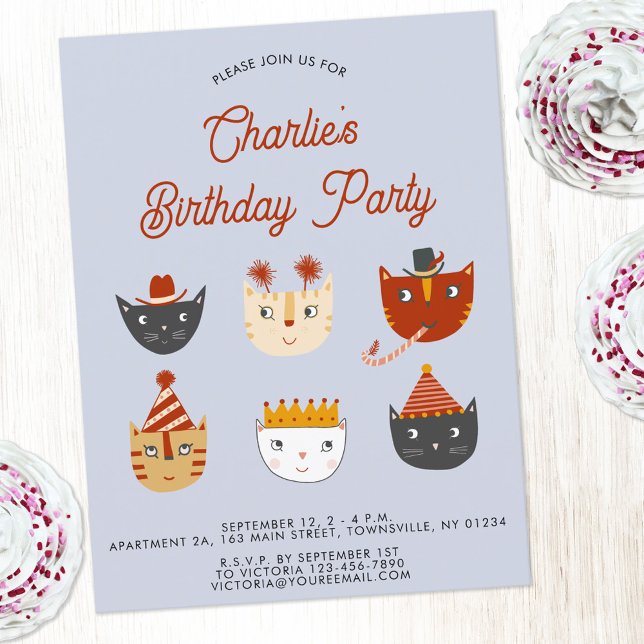 Fun Chat Personnalisé Anniversaire Fête Invitation (Fun kitty cat themed birthday party invitation postcard with custom text)