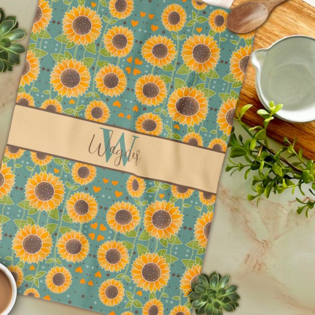 Fun Cheerful Sunflower Custom Name Initial Kitchen Towel (Creator Uploaded)