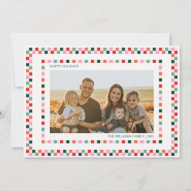 Fun chequerboard frame kids Holiday photo card (Front)