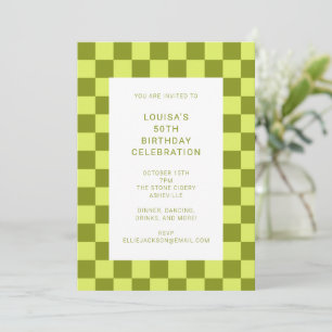 Fun Chequerboard Olive Lime Geometric Birthday Invitation