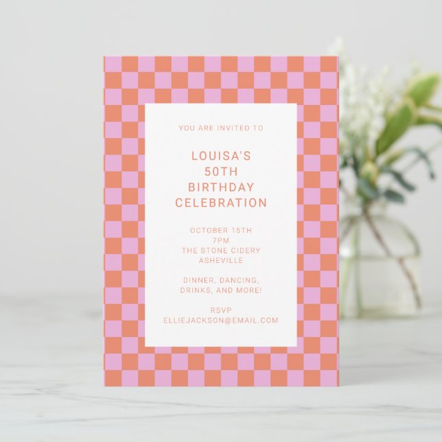 Fun Chequerboard Pink Orange Geometric Birthday Invitation (Standing Front)