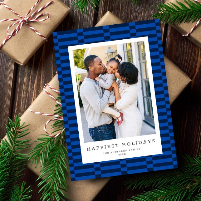 Fun Chequered Customizable Colour 1 Photo BLUE Holiday Card (Creator Uploaded)