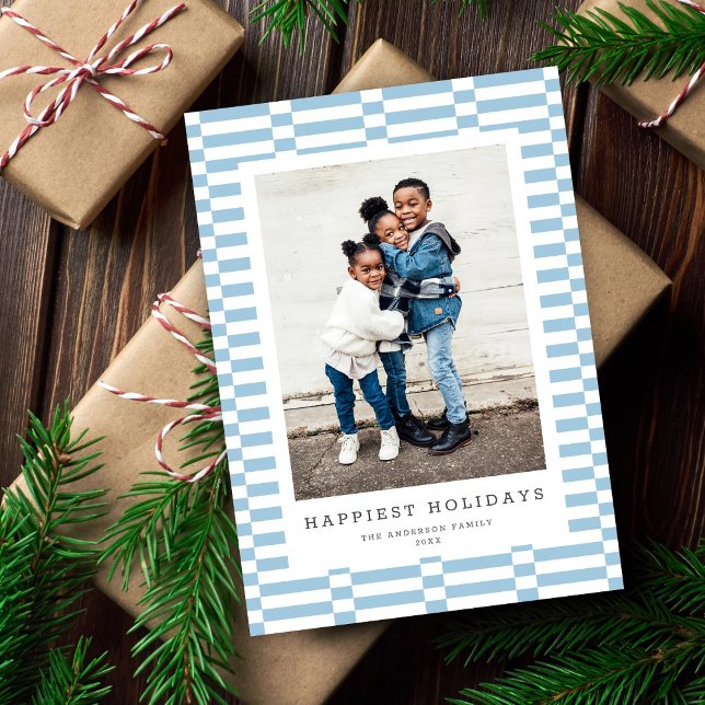 Fun Chequered Customizable Colour 1 Photo LT BLUE Holiday Card (Creator Uploaded)
