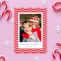 Fun Chequered Customizable Colour 1 Photo PINK Holiday Card