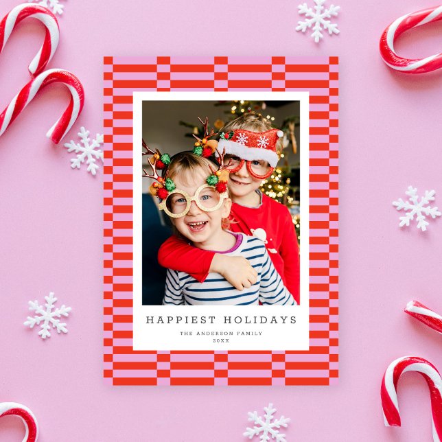 Fun Chequered Customizable Colour 1 Photo PINK Holiday Card (Creator Uploaded)