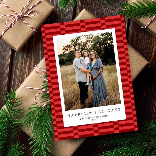 Fun Chequered Customizable Colour 1 Photo WARM RED Holiday Card (Creator Uploaded)