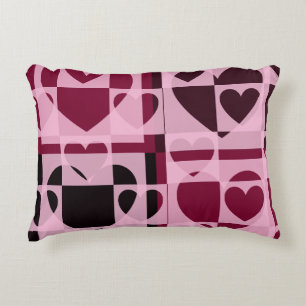 Fun Chequered Hearts Soft Pink and Wine Red Accent Pillow