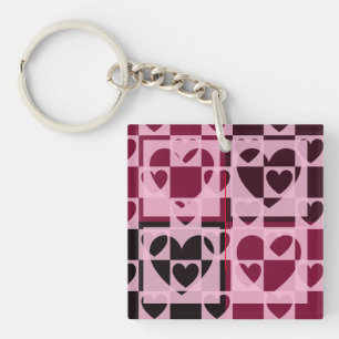 Fun Chequered Hearts Soft Pink and Wine Red Keychain