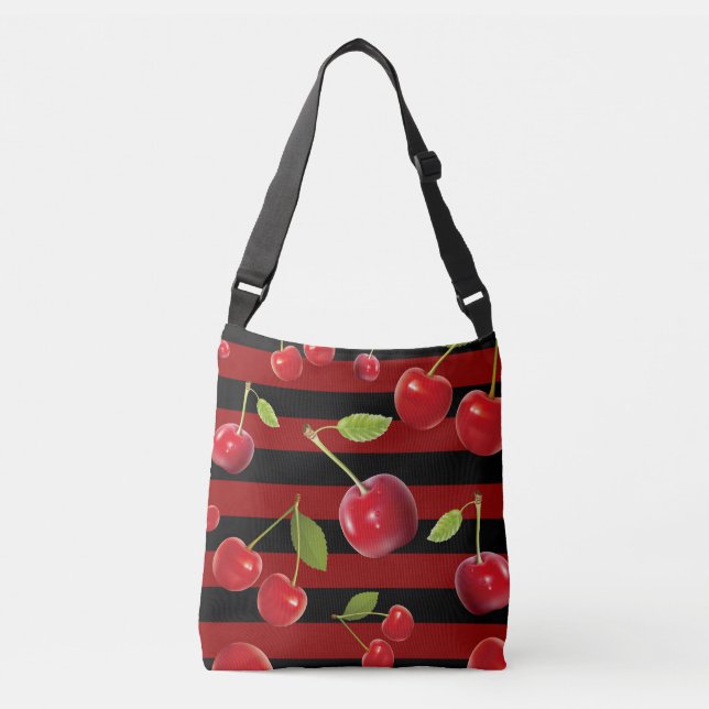 Fun Cherry Red & Black Stripe Mod Madness Crossbody Bag (Front)