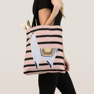 Fun Chic Llama & Stripe Pattern in Pink and Black Tote Bag