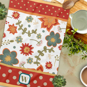 Fun Chic Modern Dots Floral Monogram Initial Kitchen Towel