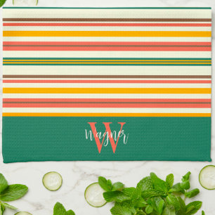 Fun Chic Stripe Stylish Custom Monogram Last Name Kitchen Towel