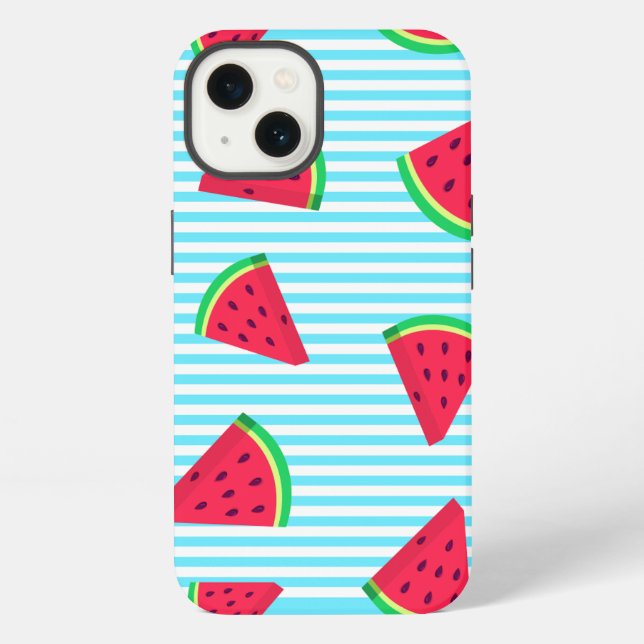 Fun Chic Watermelon Slices Blue Lines Pattern iPhone Case (Back)