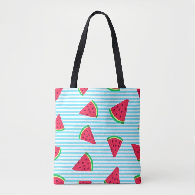 Fun Chic Watermelon Slices Blue Lines Pattern Tote Bag (Front)