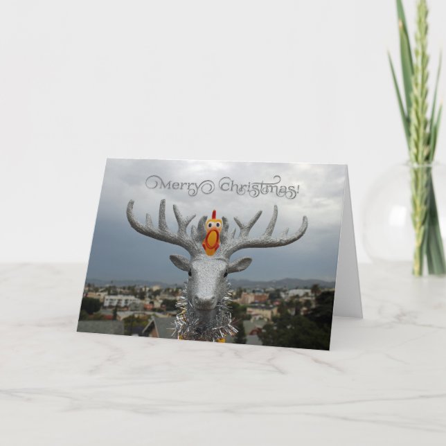 Fun Chicken and Rudolph Christmas Greeting Card! Holiday Card (Front)
